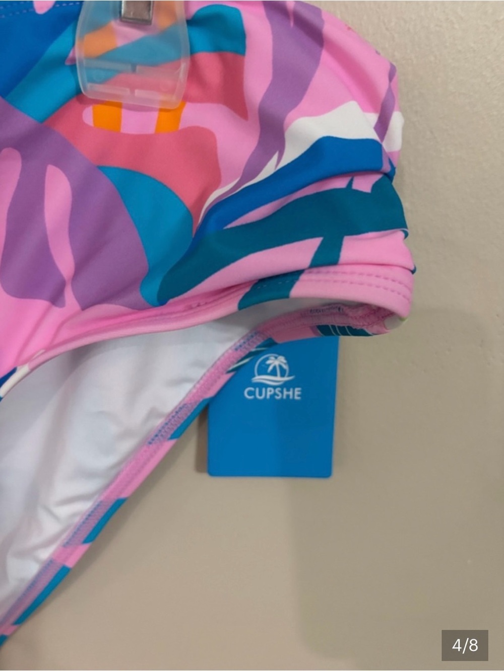 Cupshe Blue Ribbed Scoop Bikini Top with Pink Tropical Print Bottoms - Picture 4 of 8